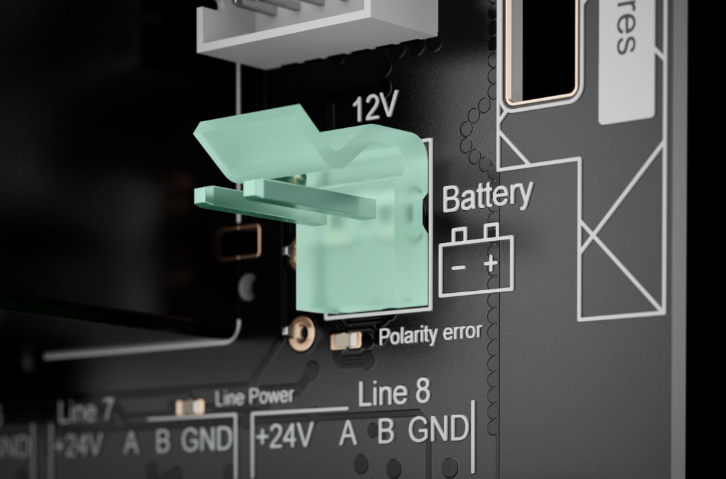 Connector for a 12 V⎓ backup battery