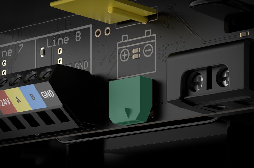 Connector for a 12 V⎓ backup battery