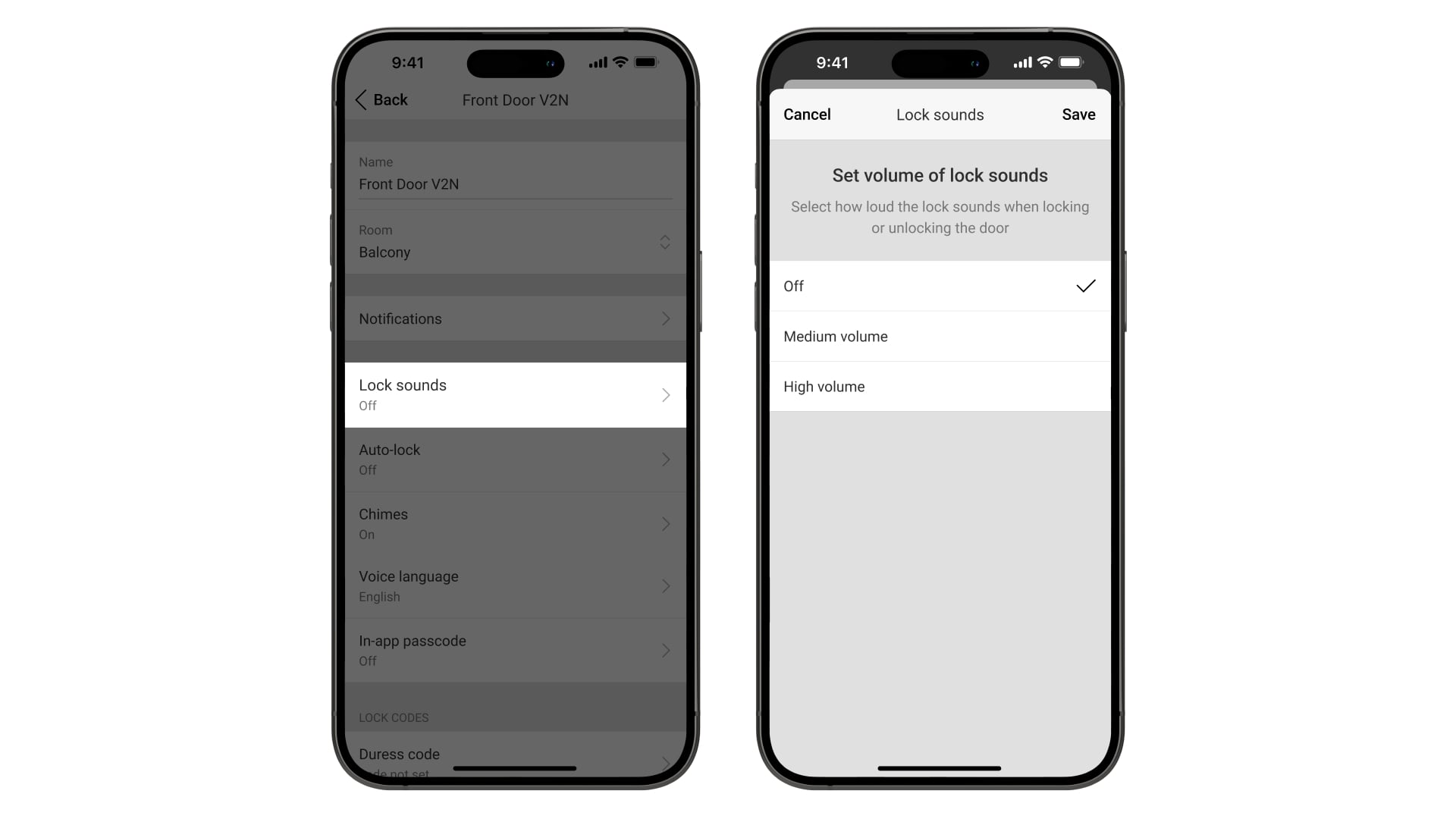 Toneinstellungen des intelligenten Schlosses in der Ajax App