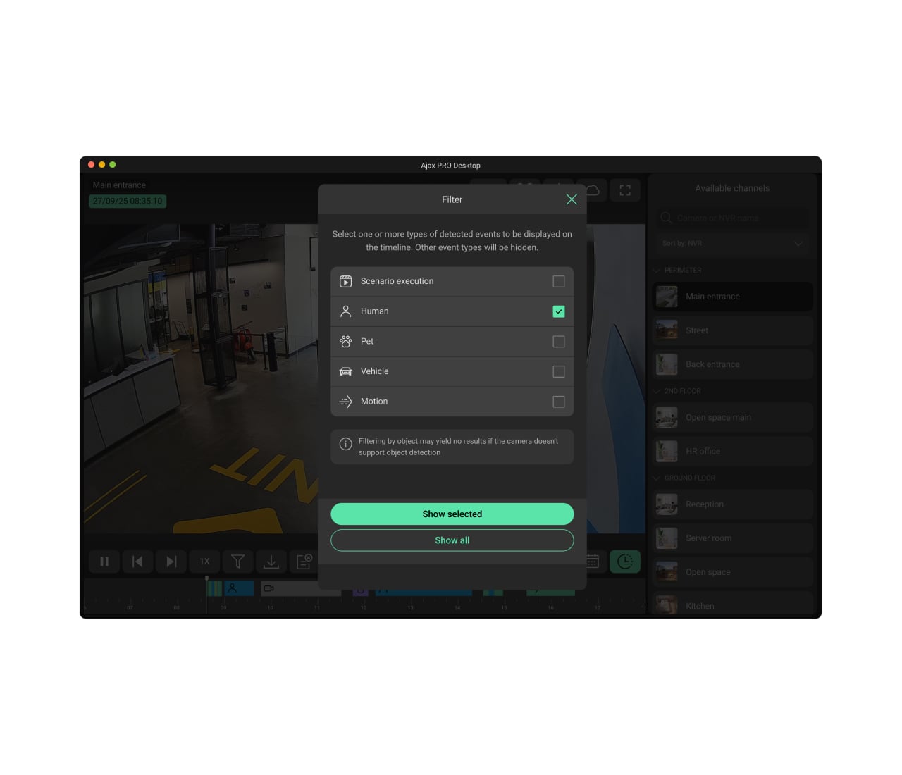Filters by motion, AI-powered object recognition, or scenario