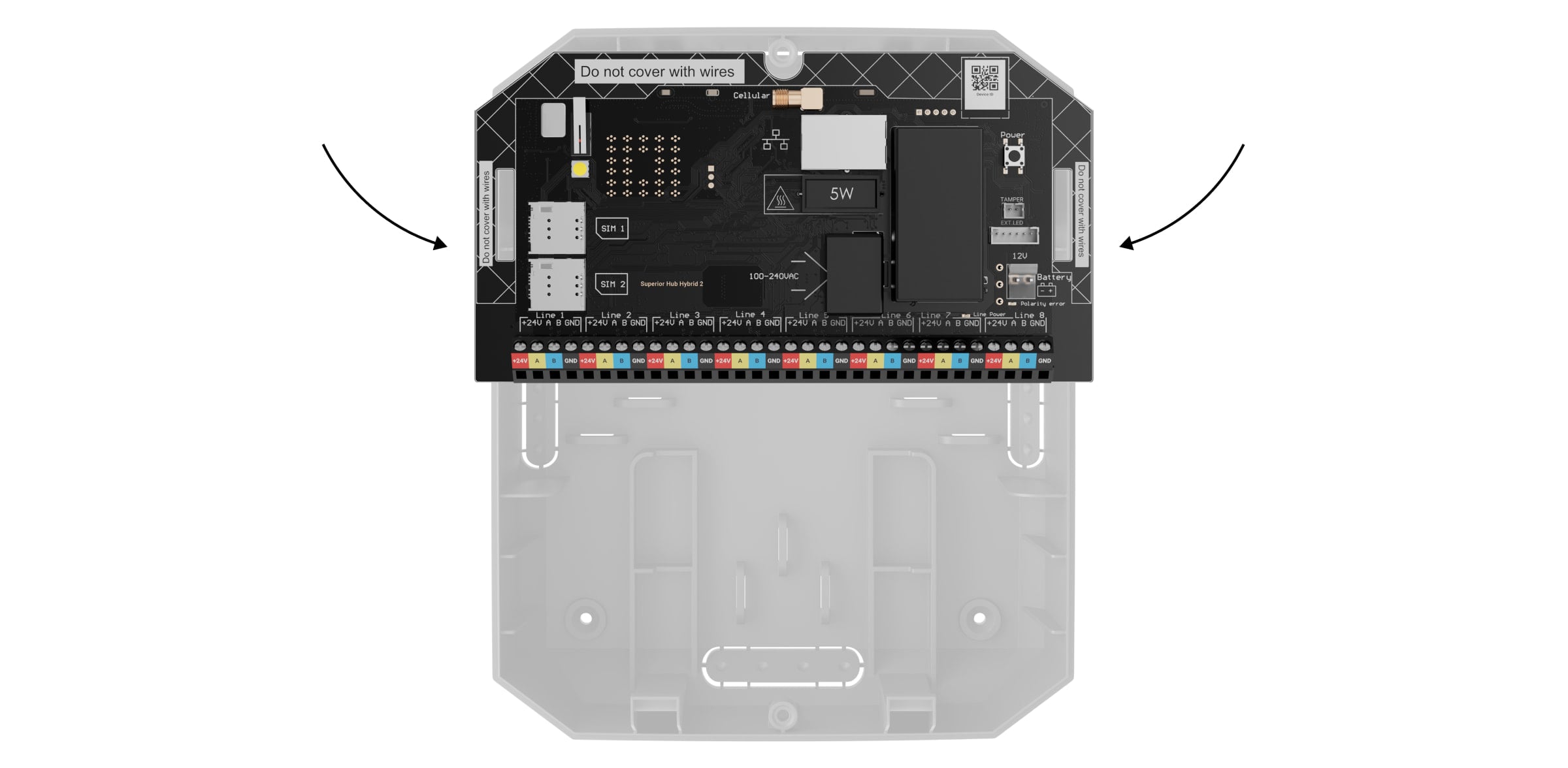 Place the Superior Hub Hybrid 2 board into the casing on the holders.