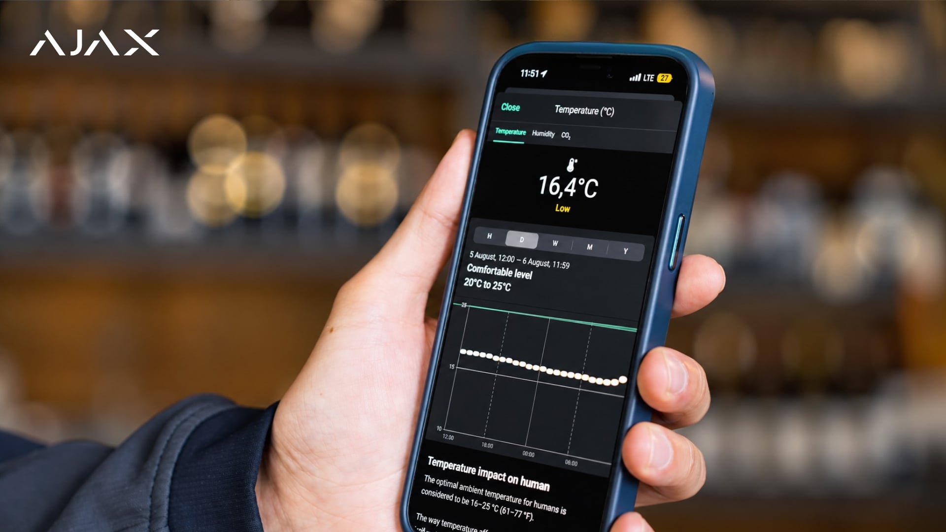 Die von LifeQuality Jeweller gemessenen Echtzeitdaten zu Temperatur, Luftfeuchtigkeit und CO₂-Gehalt sind in der Ajax App verfügbar