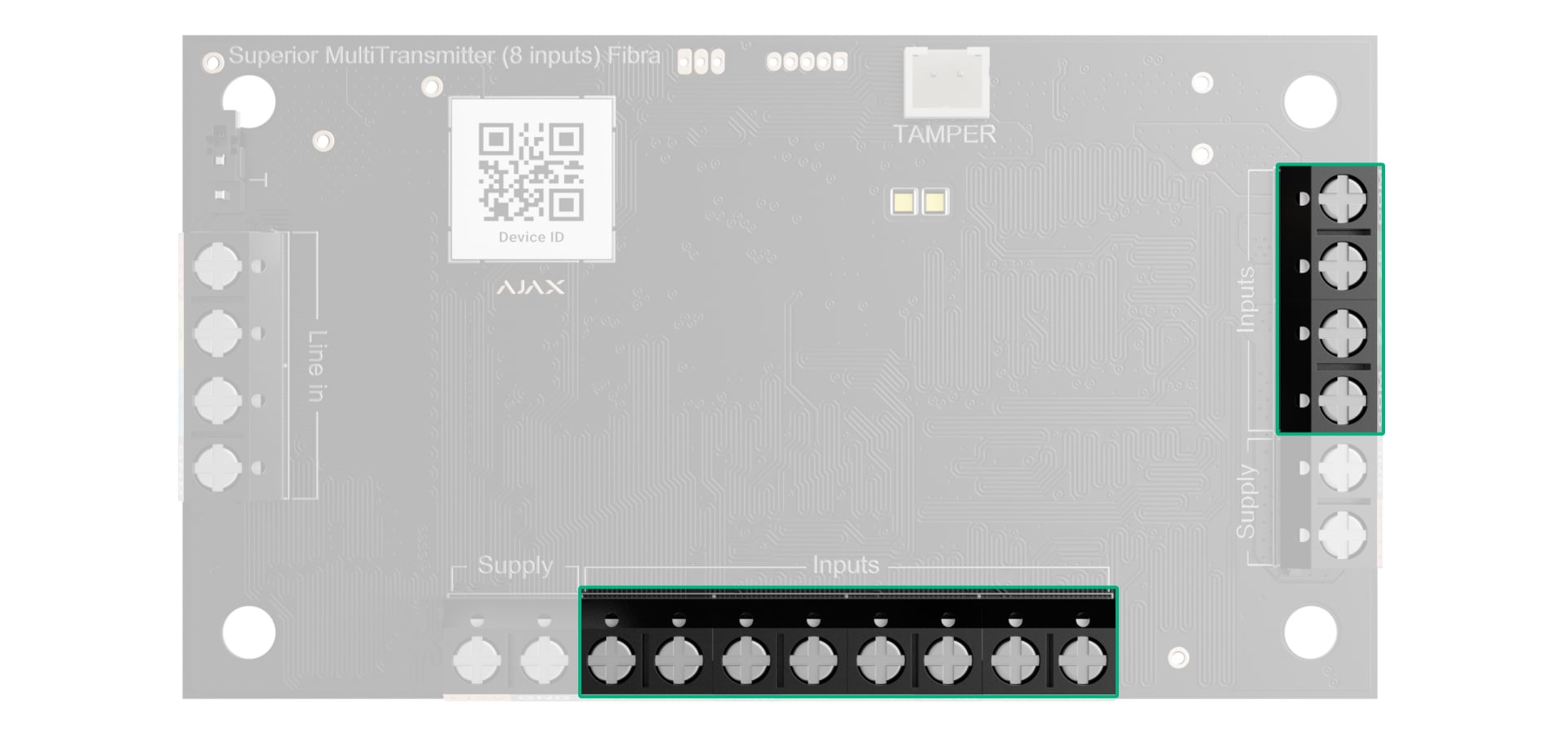 Ajax Superior MultiTransmitter (8 inputs) Fibra heeft 8 ingangen voor het aansluiten van apparaten van derden