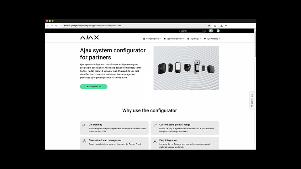 Configurador de sistema Ajax en el Partner Portal