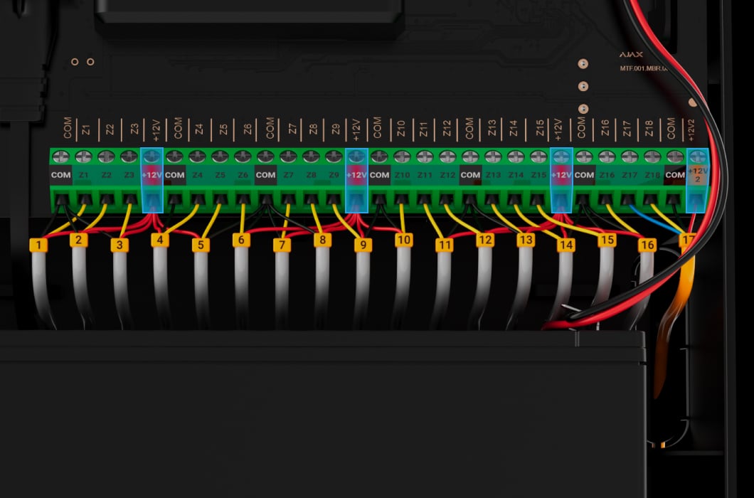 Three power supply outputs for connected devices and one for a fire detector