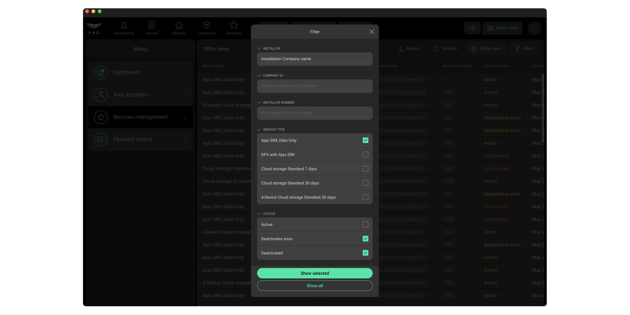 Services management menu
