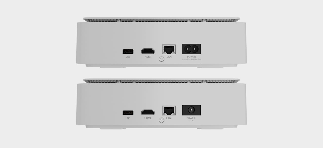 Sortie HDMI, deux ports USB et connecteurs d'alimentation AC/DC